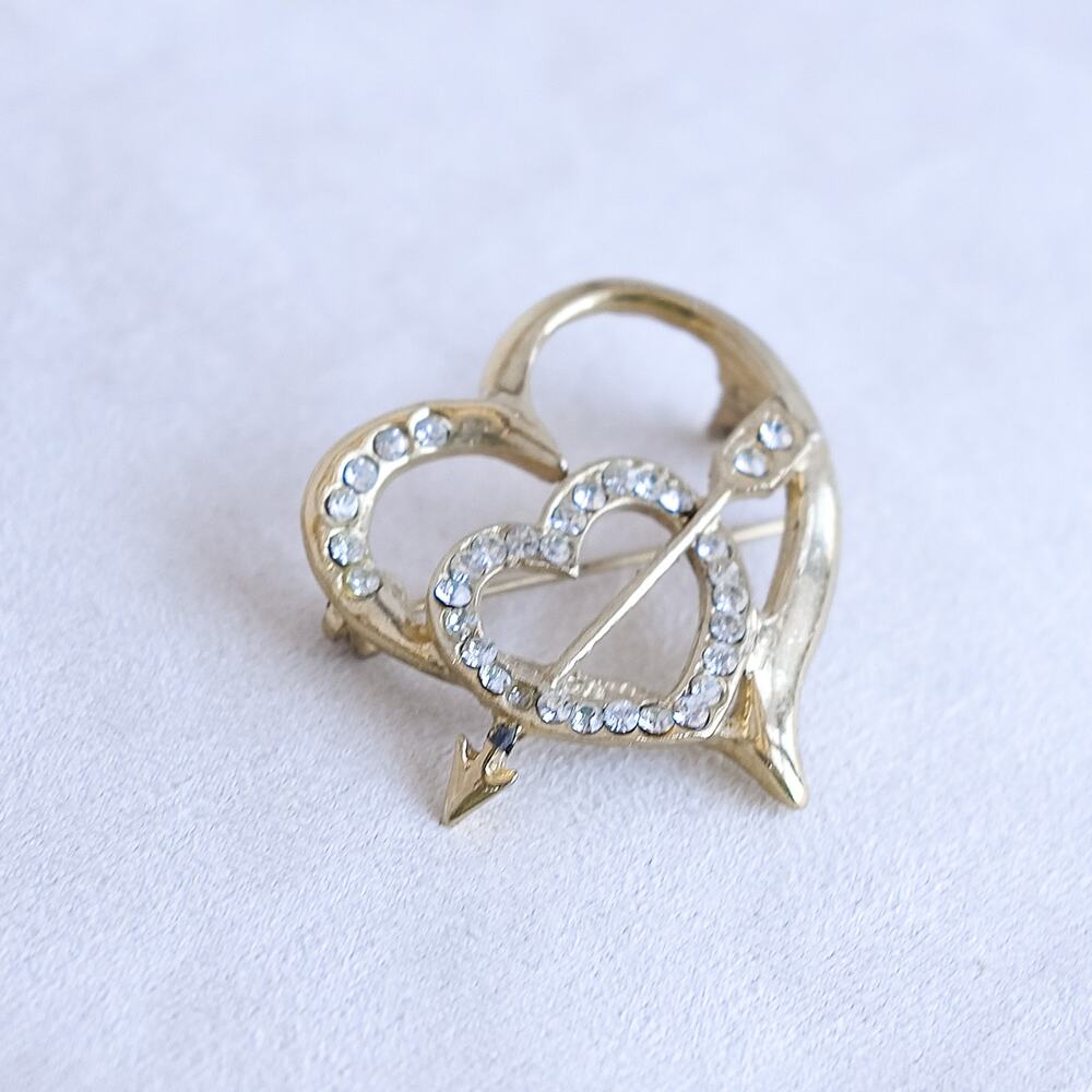Vintage Gold-Tone Heart Brooch Crystal